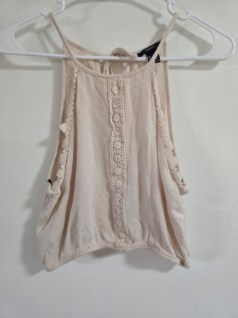 Forever 21 Boho Tank Top Womens Small Cream Color Lace Trim Flowy Sleeveless